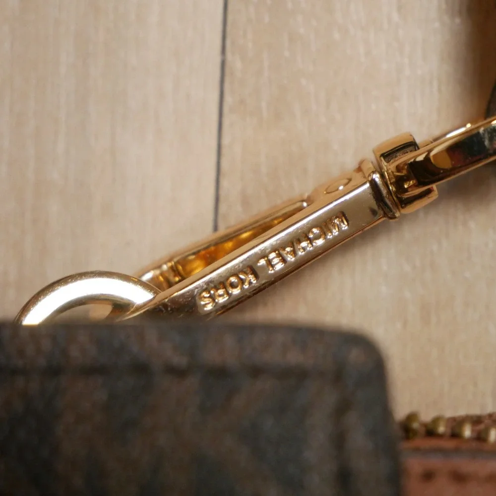 Michael Kors Hope Satchel Brown Monogram Logo Crossbody Handbag Gold Tone HW